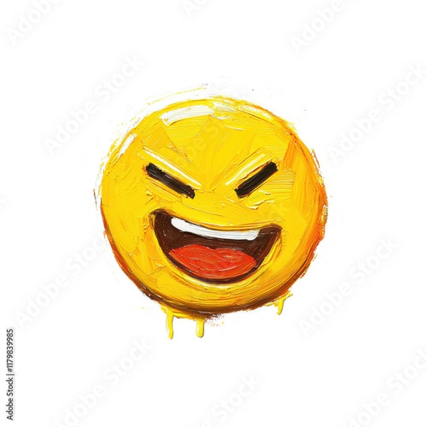 Fototapeta Happy emoji with big smile and laughter, oil brush detail, cartoon style  with clipping path