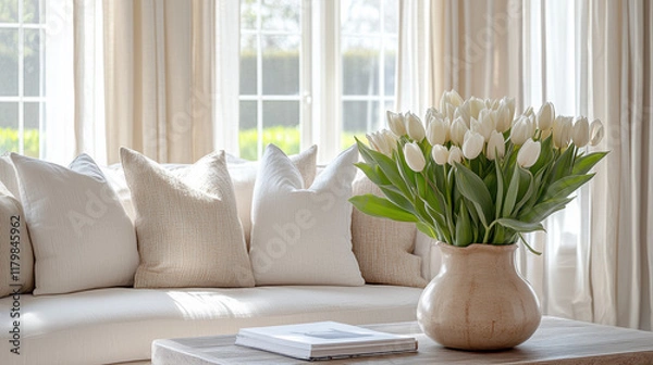 Obraz Elegant spring home décor with a vase of white tulips and plush seating in bright, airy living room copy space
