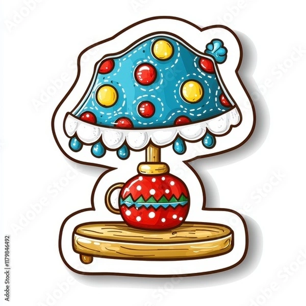 Obraz Whimsical Colorful Table Lamp Sticker Blue Red Dotted Shade Cartoon Style Illustration