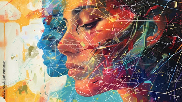 Fototapeta An artistic blend of human portraits and abstract lines symbolizing connection and technology