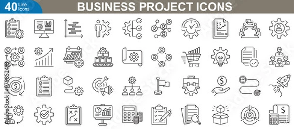 Fototapeta Comprehensive business project line Icons set. Related planning, team collaboration, financial growth, management and more. Vector Illustration for modern design needs.