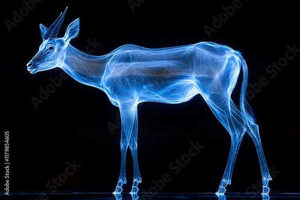 Fototapeta Glowing wireframe a graceful impala standing in the savannah on a transparent background, highlighted by a combination of blue and black data points


