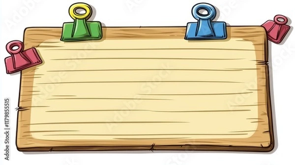 Obraz Wooden Notice Board with Colorful Clips Blank Space for Text or Message Cartoon Style Illustration