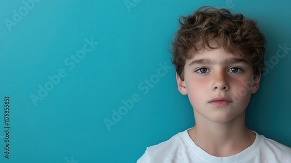 Fototapeta Young Boy Against Blue Background Portrait