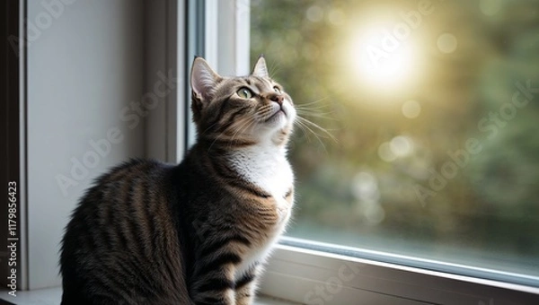 Fototapeta Charming Cat Sitting by Window Gazing Upwards Exploring