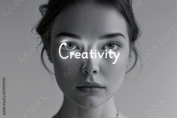 Fototapeta Creativity in the Eyes: A woman's portrait, in a black and white aesthetic, with the word "Creativity"  artfully written across her eyes.