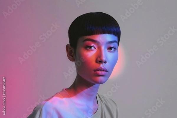 Obraz Portraits in Neon:  A fashion portrait of a young woman with short, dark hair, lit with a vibrant blue and red neon light, creates a striking and ethereal aesthetic.
