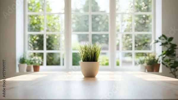 Fototapeta Sunlit Interior with Potted Plants and a Serene Window View of Lush Greenery
