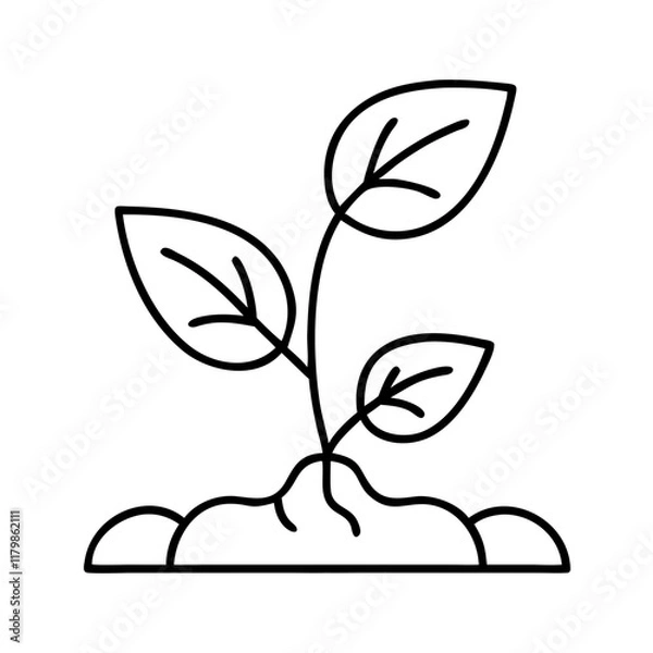 Fototapeta Plant icon with leaves growing from soil, minimalist design, black lines on white background, copy space