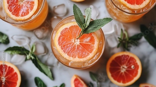 Fototapeta Top view of refreshing citrus drinks garnished with grapefruit slices and mint leaves, surrounded by ice cubes and additional grapefruit halves on a marble surface.