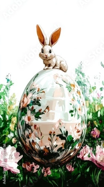 Fototapeta Cartoon-style bunny joyfully painting a large Easter egg in a vibrant garden filled with colorful flowers on a sunny spring day