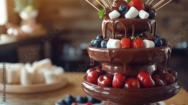 Obraz A chocolate fountain with skewers of fruit and marshmallows nearby