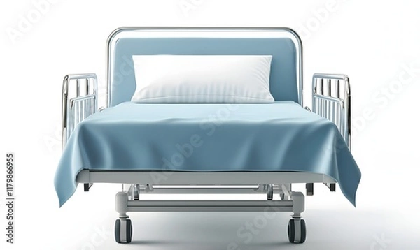 Obraz Empty light blue hospital bed on wheels.