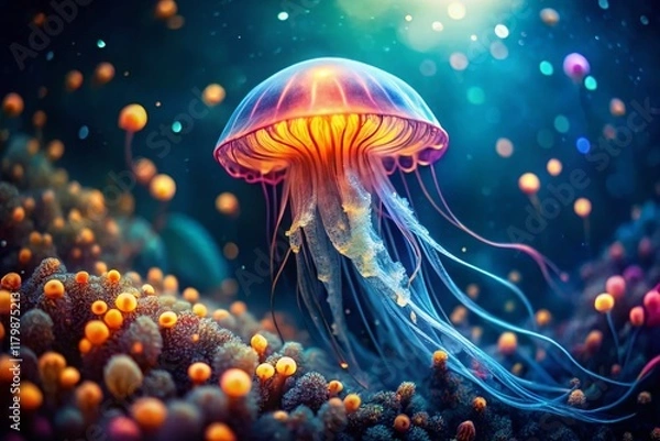 Fototapeta Mesmerizing Deep Sea Jellyfish with Bokeh, Bioluminescent Ocean Life Stock Photo