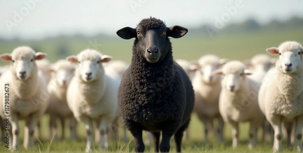 Fototapeta A black sheep stands out among a flock of white sheep, raising its head confidently, embodying the concept of being a leader and standing out from the crowd