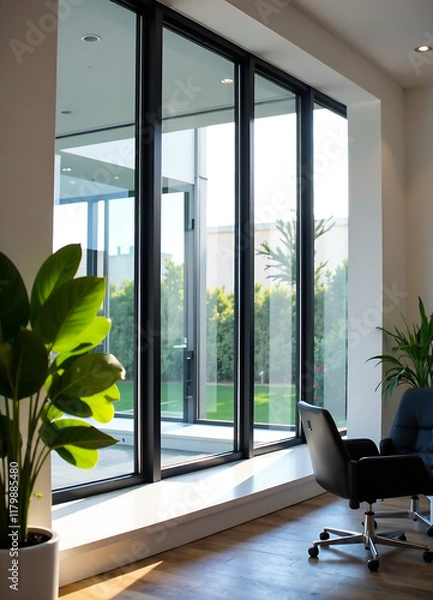 Fototapeta Sparkling new PVC windows with double glazing installed in a modern office, highlighting energy-efficient and noise-reducing benefits of plastic window renovations for a comfortable workspace. new ima