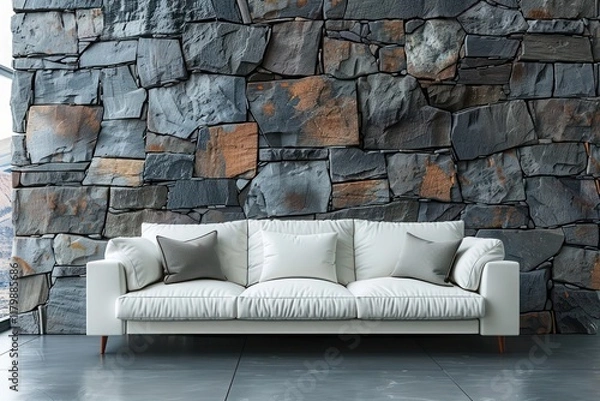 Fototapeta White Sofa Against Wild Stone Cladding Wall with Frame in Modern Living Room Home with Minimalist Boho Interior Design