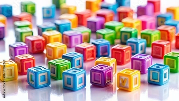 Fototapeta Miniature Colorful Alphabet Cubes Isolated on White Background - Tilt-Shift Photography