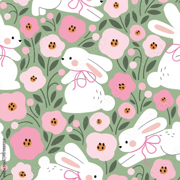 Obraz Seamless vector pattern with cute white rabbits. Hand drawn Easter bunny pattern. EPS 10 vector file. Perfect for textile, wallpaper or nursery print design.