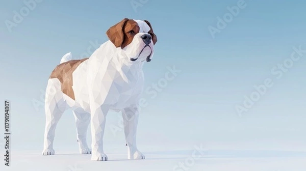Obraz Majestic Low-Poly St. Bernard Dog in Cinematic Setting with Mountain Background | Ultra-Detailed Artwork of Friendly Canine Companion