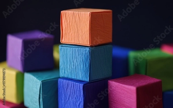 Fototapeta Colorful paper-wrapped cubes stacked into a playful structure.