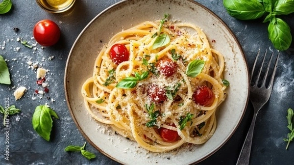 Fototapeta Aromatic Homemade Spaghetti Aglio e Olio with Cherry Tomatoes and Parmesan Cheese