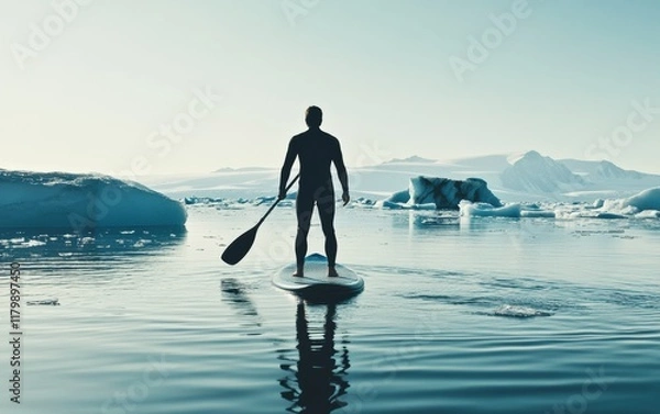 Obraz A person paddleboarding on calm icy water surrounded by icebergs.