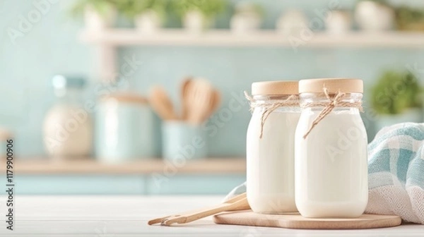 Fototapeta A warm and inviting kitchen setting with jars of yogurt incubating in a yogurt maker, surrounded by cozy textiles and cooking utensils, showcasing the homemade yogurt making process.