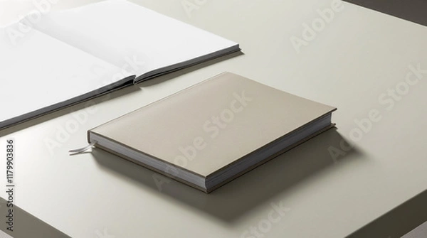 Fototapeta Mockup of a closed hardcover book and an open book with blank pages on a white table