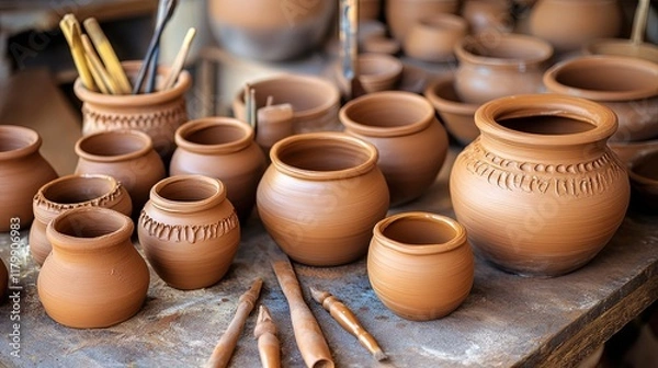 Fototapeta A rustic pottery studio with half-finished clay pots and tools neatly organized