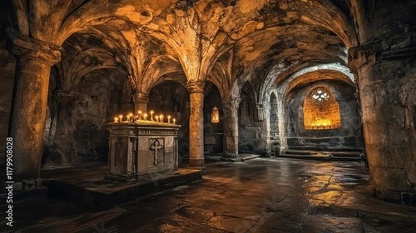 Fototapeta A dimly lit crypt with stone arches a carved altar and candlelight casting shadows across the walls and floor