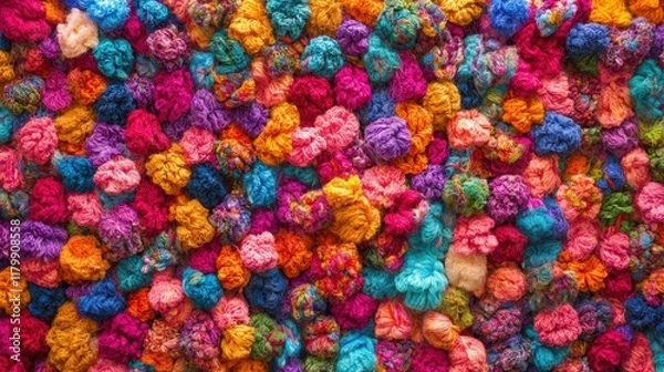 Fototapeta Colorful and Textured Background of Yarn Pom Poms in Various Shades of Purple, Pink, Blue, Orange, and Green, Ideal for Craft Projects or Textile Designs