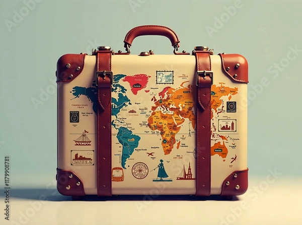 Fototapeta Elegant suitcase with travel stamps representing high-end destinations and luxury experiences, vector illustration art new image
