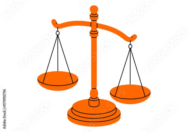Obraz Hand drawn cute cartoon illustration of unbalance scales. Flat vector mass measurement device with tipped bowl doodle style. Inequality in weight icon or print. Justice and law concept. Isolated.