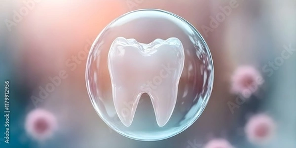 Fototapeta A stylized representation of a tooth inside a bubble, with a blurred background that suggests a scientific or medical theme. Concept Tooth Illustration, Bubble Concept, Scientific Aesthetic