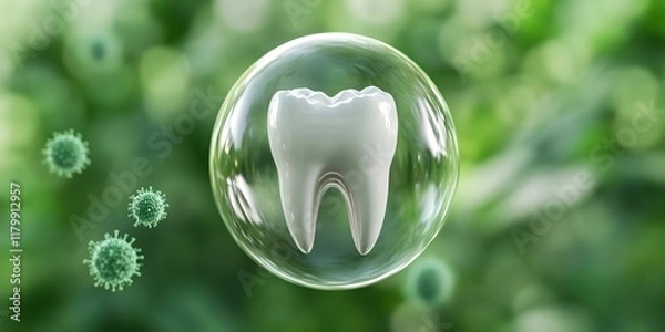Fototapeta A stylized tooth inside a bubble, surrounded by floating virus-like spheres, against a green blurred background. Concept Stylized Tooth Design, Dental Health Concept, Virus Representation
