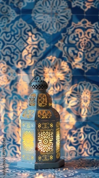Fototapeta A decorative lantern casting intricate shadows against a patterned blue backdrop.