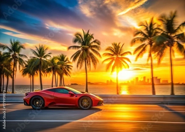 Fototapeta Minimalist Miami Beach Sports Car Speed, Palm Trees, Ocean Drive Coastline