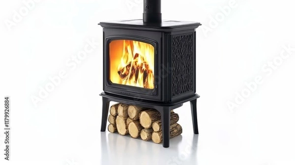 Fototapeta A modern stove with burning wood on a white background creates a cozy atmosphere by the fireplace in a winter home. The iron burner provides heat, filling the room with warmth.