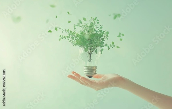 Fototapeta 
Hand holding a light bulb with a tree inside and green leaves flying around on a pastel background, a concept of eco-friendly energy use for sustainable development, sharing Earth Day and environment