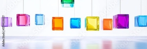 Fototapeta Colorful Glass Cubes Suspended Minimalist Art - Vibrant, colorful glass cubes hang in a minimalist white space, symbolizing creativity, innovation, energy, harmony, and modern design.