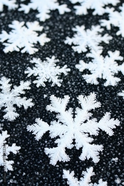 Fototapeta Close-up view of intricately detailed snowflakes on a dark surface, showcasing the beauty of winter's frosty patterns.