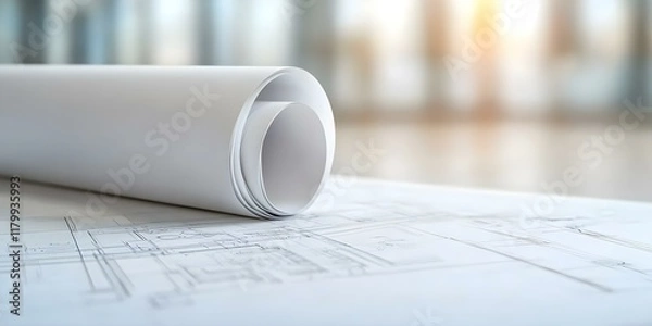 Fototapeta A rolled architectural blueprint resting on a flat surface with blurred background lighting. Concept Architectural Blueprint, Rolled Documents, Flat Surface Photography, Blurred Background