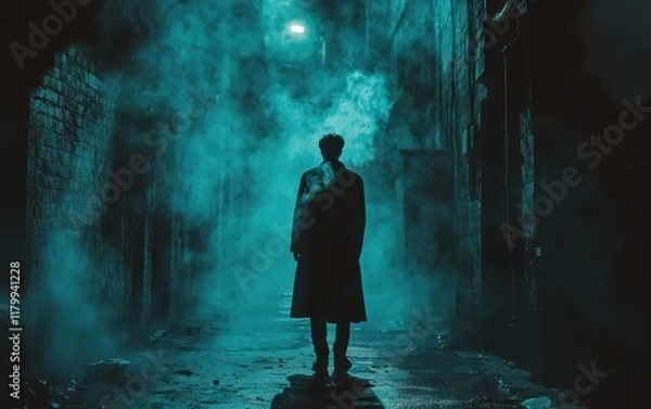 Obraz A noir detective in a trench coat, standing in a foggy alley with dark shadows and contrast lighting.