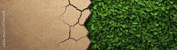 Obraz The image shows a stark contrast between dry, cracked earth and vibrant green foliage, symbolizing the effects of drought and the resilience of nature.
