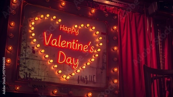 Fototapeta A classic marquee sign with "Happy Valentine's Day" spelled out in glowing lightbulbs, set against a retro theater backdrop