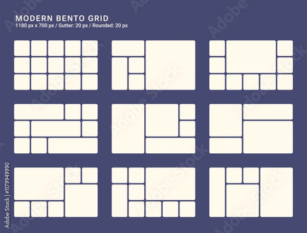 Fototapeta Bento grid for web, presentation. Trendy first screen for website. Graphic dashboard for presentation template. Admin statistical software, web interface vector template. Futuristic style 1180 x 700