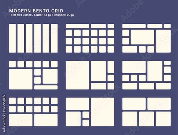 Fototapeta Bento grid for web, presentation. Trendy first screen for website. Graphic dashboard for presentation template. Admin statistical software, web interface vector template. Futuristic Bento style