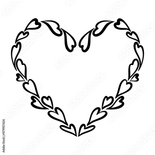 Fototapeta Vector heart frame illustration in line art style. Graphic monochrome drawing. Hand drawn heart outline sketch, ink illustration. Design element for wedding invitation, Valentines day card, tattoo