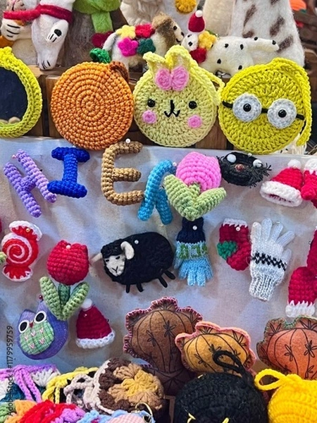 Obraz Crocheted dolls are on display.